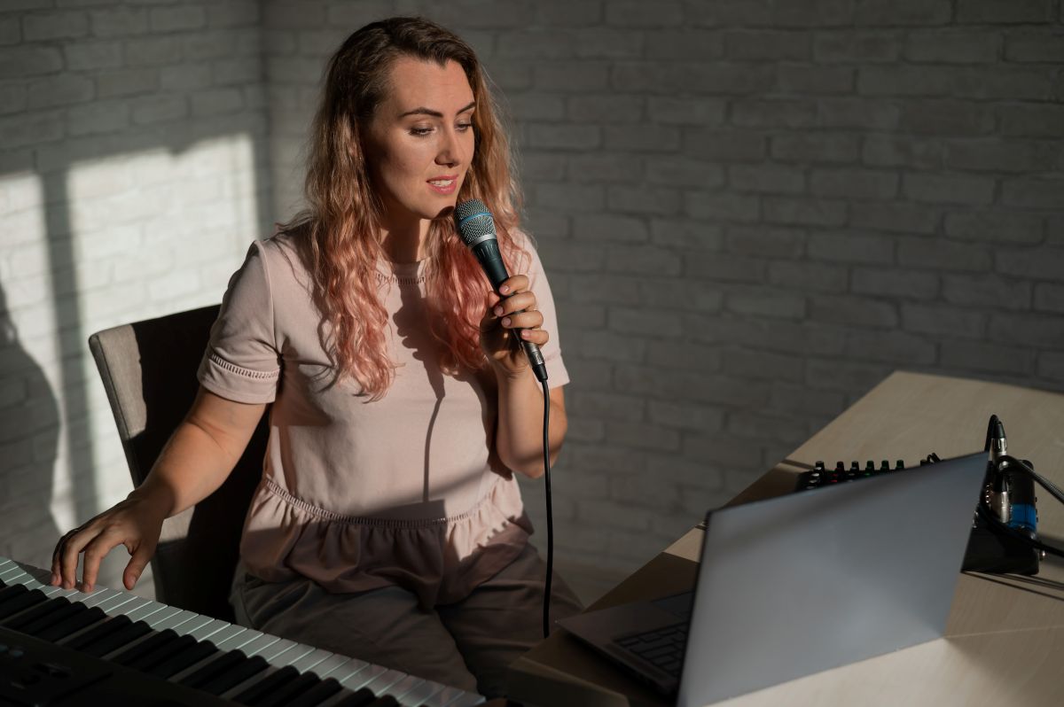 A woman with an laptop in front of her during a zoom call taking an online vocal lesson